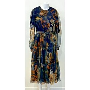 Dark Romance Floral Sheer Mesh Overlay Tiered Midi Dress Size 8 C & M Collection